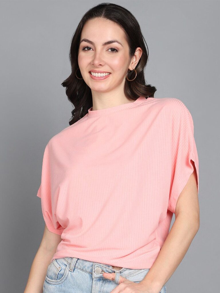 Peach-Coloured Striped Extended Sleeves Boxy Top