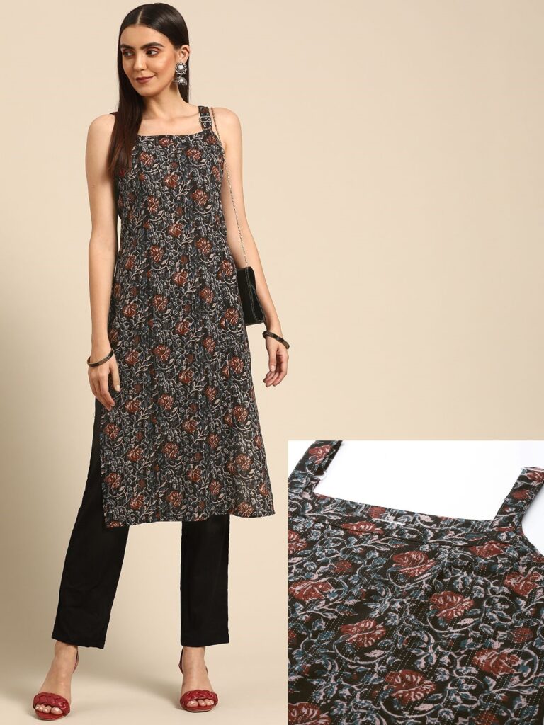 Women Black & Rust Red Pure Cotton Ethnic Motifs Printed Kantha Work Kurta