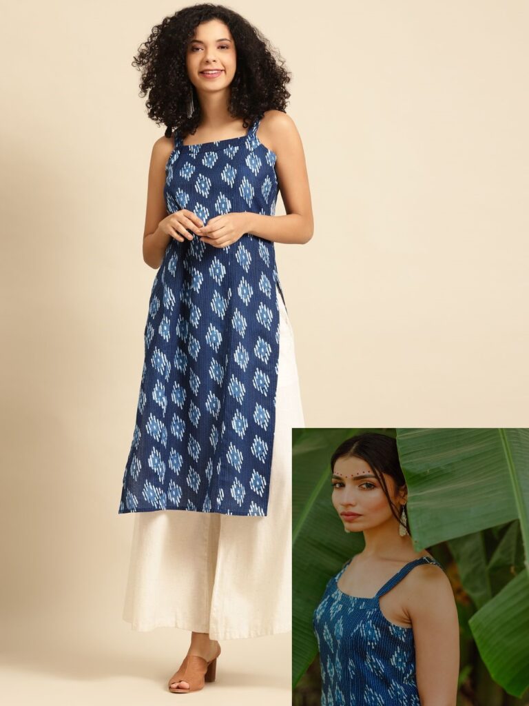Women Blue & White Geometric Screen Print Cotton Fusion Kurta