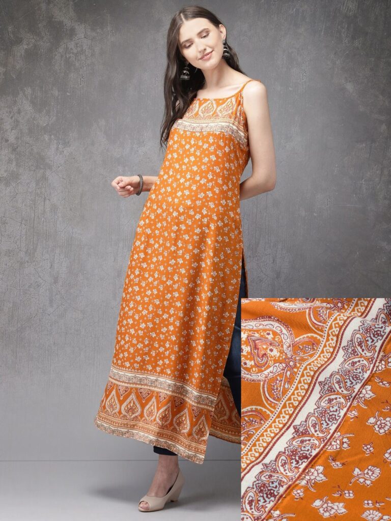 Women Orange & White Floral Printed Straight Kurta