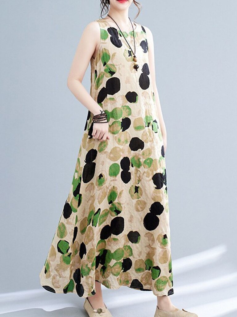 Cream Abstract Printed Sleeveless Maxi Dress