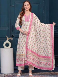 Floral Printed Empire Mirror Work Pure Cotton Anarkali Kurta With Trousers & Dupatta