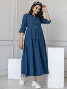 Shirt Collar A-Line Cotton Midi Dress