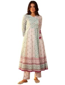 Women's Printed Anarkali Angrakha Kurta Set with Tassel Tie-Up & Ethnic Straight Pant Set