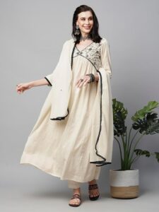 Womens Floral Yoke Design Empire Pure Cotton Kurta Set with Dupatta